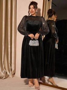 Cravure Plus Size Women Mesh & Velvet Elegant Puff Sleeve Dress, Waist Cinched, Suitable For Party
