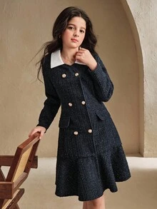 SHEIN 女童纽扣装饰优雅翻领长袖外套秋冬 - 彩色 - 查看 5