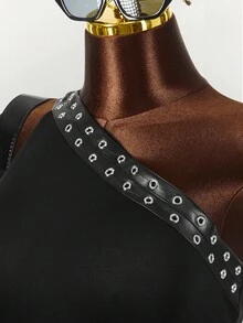 Y2K Amplova 女士 Oktoberfest PU 皮革拼接不对称上衣和性感吊带超低腰迷你裙两件套黑色夜店装 Y2K 两件套黑色两件套 - 黑色 - 查看 9