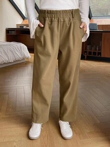 Livesso Simple Casual Solid Color Elastic Waist Straight Leg Pants - Khaki - View 2