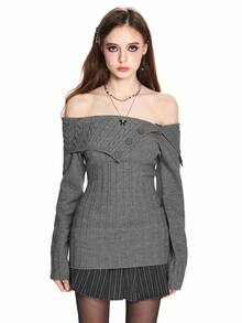 ROMWE Y2K 风格露肩罗纹针织收腰毛衣 - 深灰色 - 查看 2