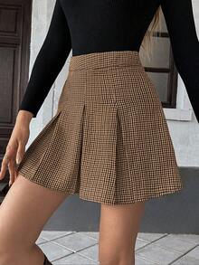 Pariaura 黑白格子褶皱拉链开合休闲通勤简约学院风女士短裙，春夏