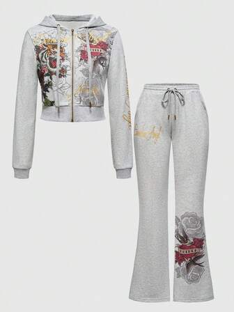 Grunge Punk Y2K Vintage Tiger Kopf & Rose Blumen Muster goldfarbene hot-gepresste Reißverschluss Kapuzenjacke und Hose 2 Stücke Set
