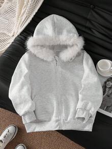 Genkimix Kids Tween Girls Casual Thermal Lined Faux Fur Trim Zip Up Hoodie, Gray Zip Up Jacket Loose Fit, Girls Jacket With Hoodie Fall Winter - Light Grey - View 7