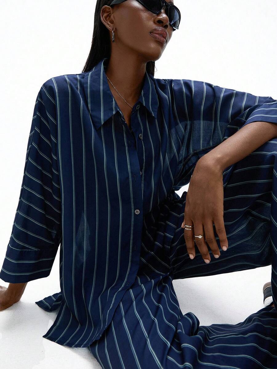 Aveloria Affinna 2pcs/Set Striped 3/4 Sleeve Loose Pants Commuting Elegant Women Outfit - Multicolor - View 1