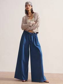 Bohemela 女式纯色休闲牛仔裤 宽松裤 女式阔腿裤 秋裤 女式阔腿裤 秋季女装 女式宽松阔腿牛仔裤 抽绳腰带口袋 休闲牛仔裤 - 深色水洗藍 - 查看 6