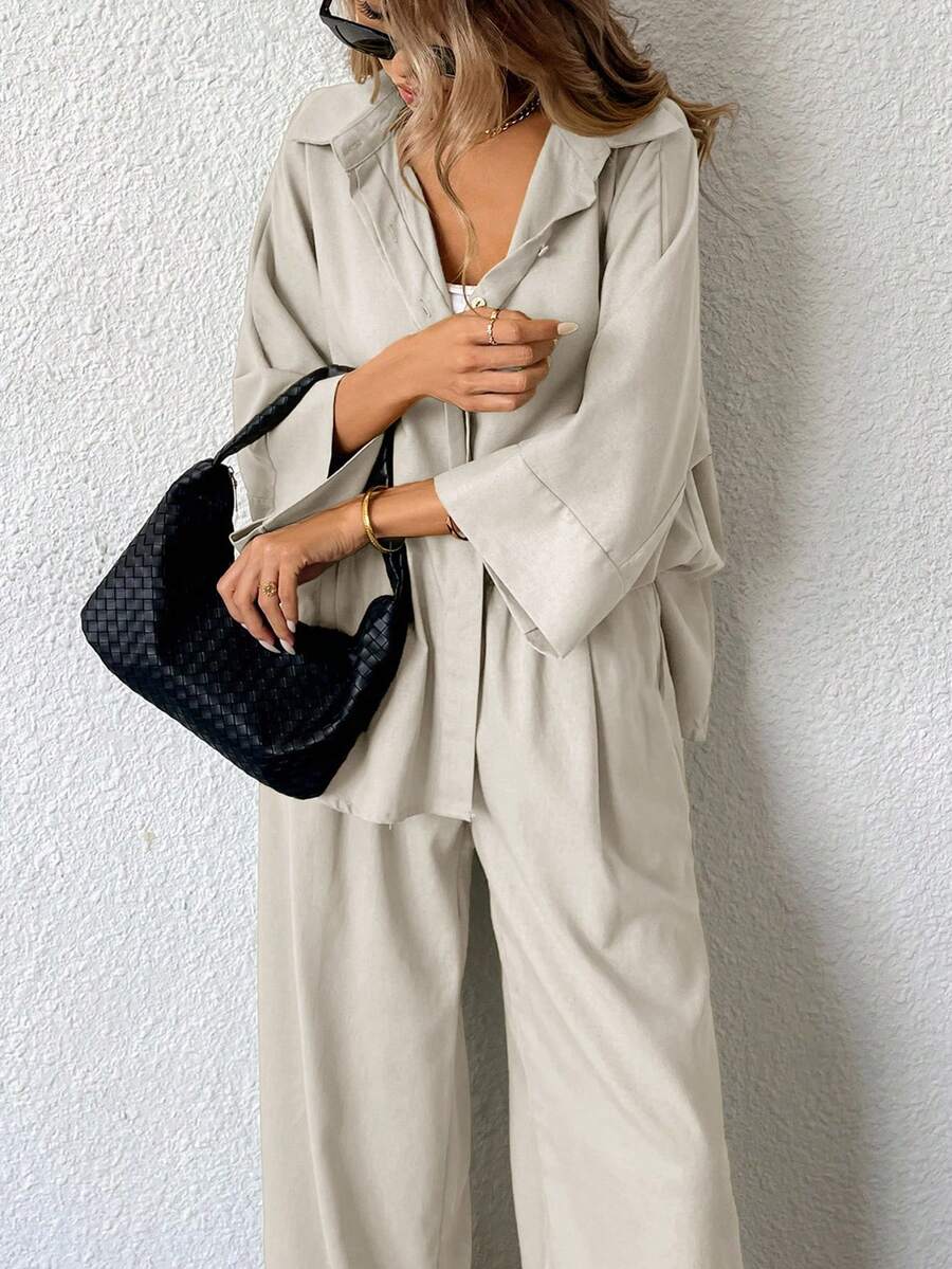 Aveloria Modichic 2 件套女士混纺侧开衩宽松衬衫和高腰阔腿裤优雅商务休闲女装 - 白色 - 查看 1