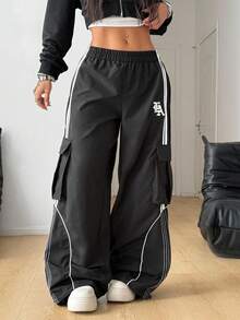 Coolane 女式夏季外出节返校节比赛日刺绣图案宽松工装裤 - 黑色 - 查看 5