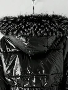 Sparklyn Teen Girl Casual Thickened Padded Coat, Fur Collar Hood, Elastic Waist, Slant Pockets, Glossy Black Fabric, Suitable For Winter Commuting, Travel, Can Be Paired With Pants, Sweatpants, Hoodies, T-Shirts, Sweaters Fall - Black - View 7