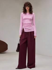 Ontre Women's Ruched Side Slit Hem Button Detail Sweaters Modern Urban Casual Fashion Business Office Wear Old Money Style In Fall/Winter - Burgundy - View 4