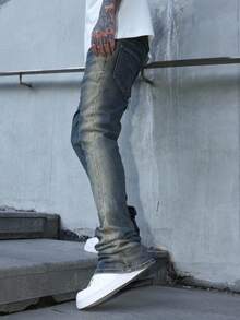 Manfinity Roughcore Men's Horseshoe Embroidered Flared Jeans, Casual Street Style Pants For All Seasons Stretch Vintage Washed Grey For Distressed Jeans - Medium Wash - View 4