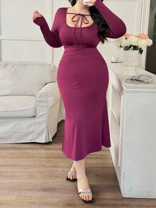 Modelyn Women's Fashionable Casual Elegant Solid Color Knit Plus Size Dress - Purple - View 6