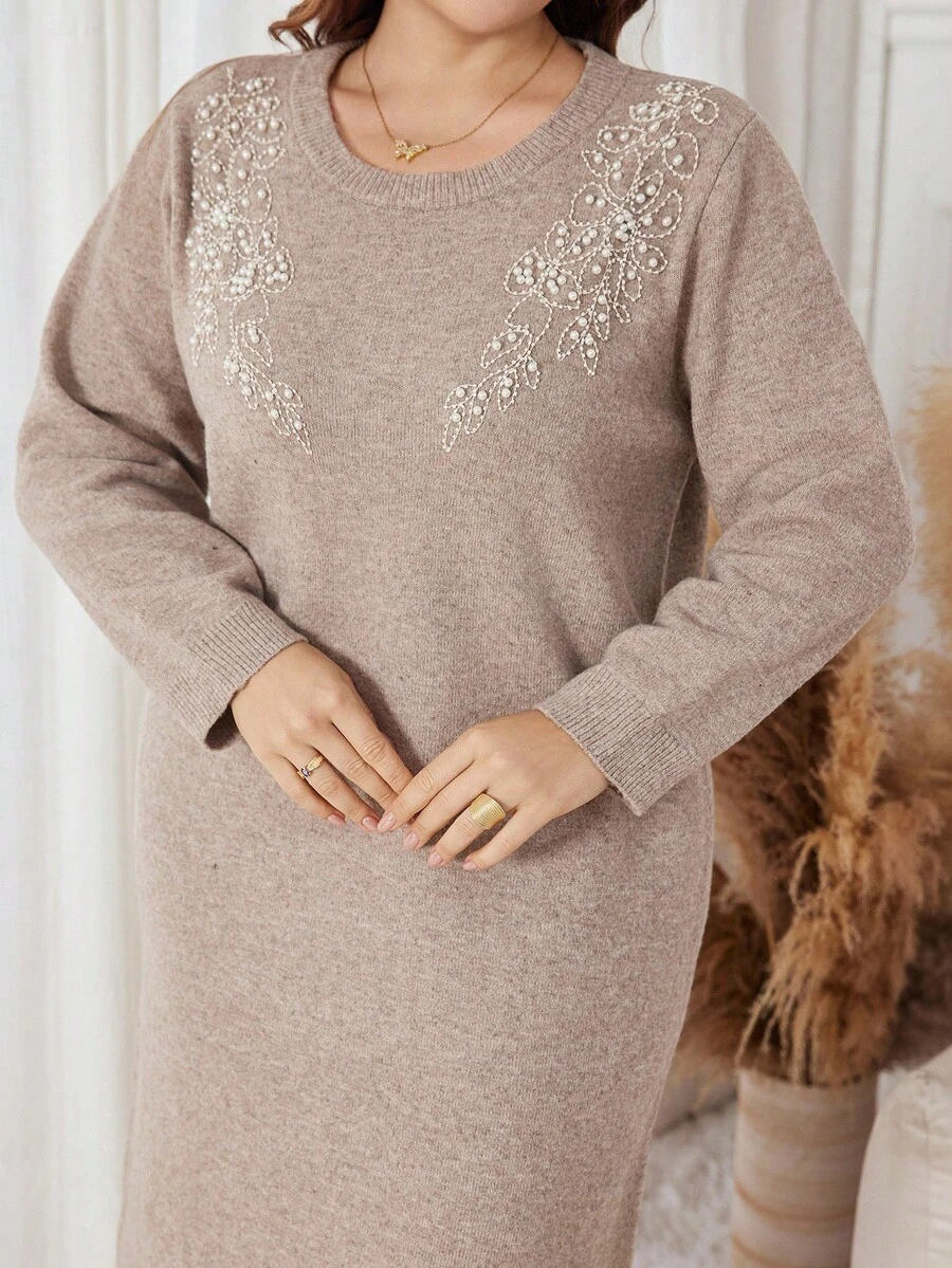 Modelyn Plus Size Elegant Beaded Embellished Knit Dress, Autumn/Winter Cosy Joli Plus Size - Grey - View 1