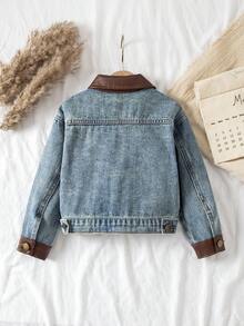 SHEIN Young Girl Denim Jacket And Coat, Retro American Niche Casual Cool Denim Jacket, New Design Contrast Color Splicing Leather Jacket, Blue Denim Top Fall Winter