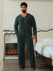 DAZY Men's V-Neck Top & Pants Loungewear Set, Military Green Corduroy Fabric, Autumn Pajama, Fall Winter Clothes
