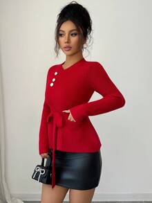 Elenzga 女士优雅浪漫精致圆领仿开衫毛衣，长袖 - 酒紅色 - 查看 5