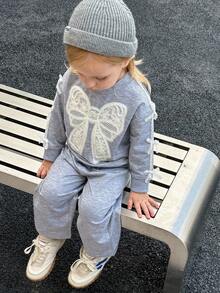 SHEIN 2 pièces Ensemble Sweat-shirt tricoté ample à motif papillon et pantalon de survêtement ample pour bébé fille, mignon et confortable pour l'automne/l'hiver