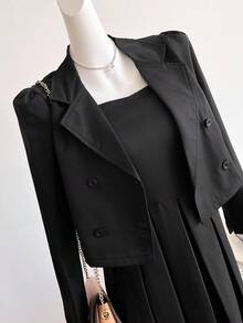 Sweetra Young 2pcs Black Blazer Jacket & Spaghetti Strap Dress Set, Elegant Fitted Fashion Outfit For Spring, Autumn, Winter Fall