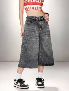 SHEIN ICON 女士休闲宽松七分阔腿牛仔裤，蓝色 - 深灰色 - 查看 4