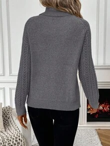 SHEIN Sweater Wanita Kasual Warna Polos Longgar Kerah Tinggi Lengan Raglan, Musim Gugur/Dingin - Dark Grey - View 2