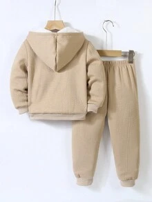 SHEIN Genkimix Kids 2 件套可爱卡通印花拉链连帽衫和慢跑裤套装，休闲街头服饰，舒适秋冬 - 杏色 - 查看 2