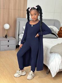 SHEIN طقم كاجوال مكون من 3 قطع للفتيات المراهقات: كارديجان طويل الأكمام بلون سادة، صدرية وبنطلون