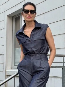Vivie Lora 女式复古口袋简约牛仔背心和裤子两件套 - 深色水洗藍 - 查看 1