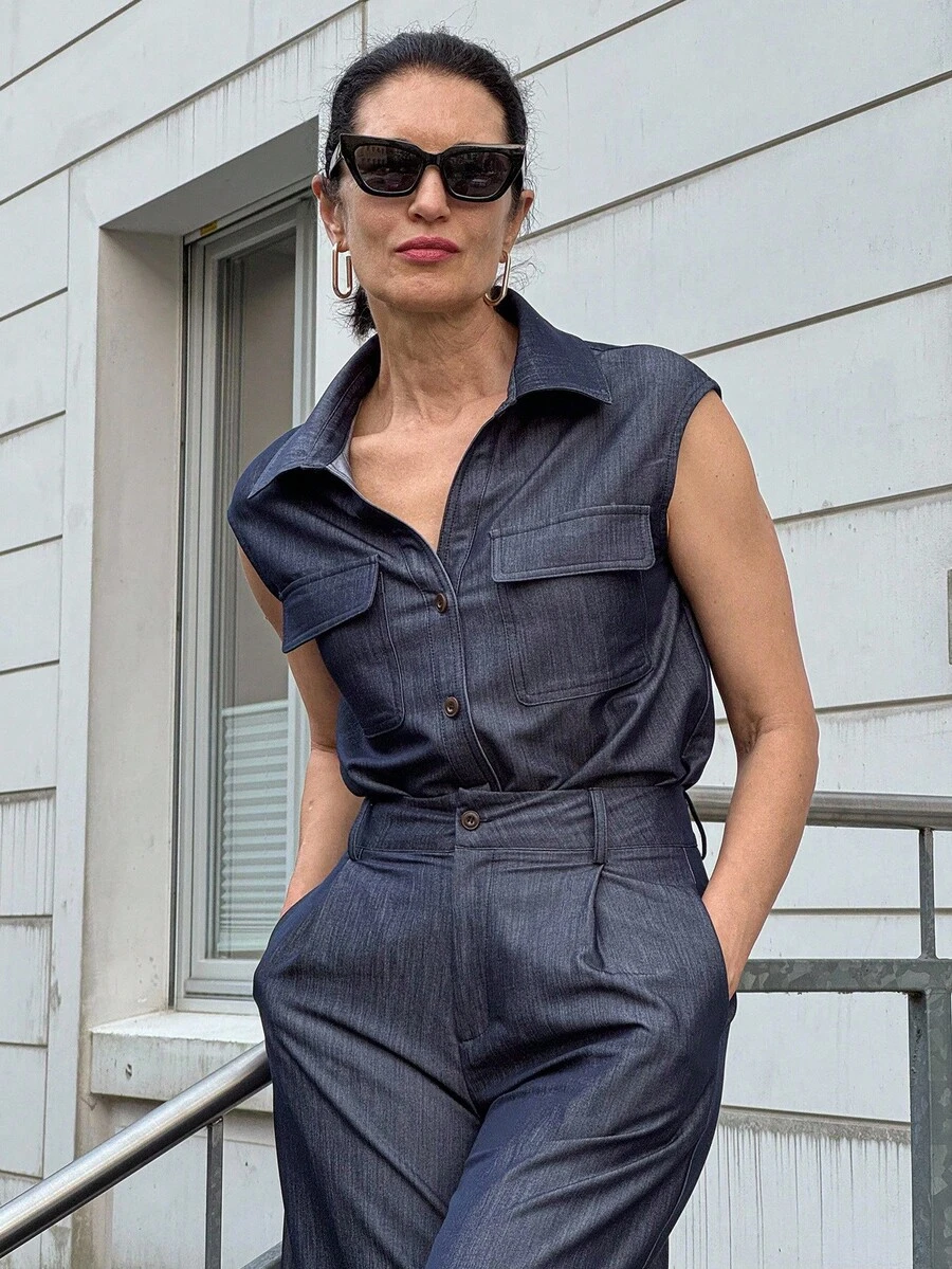 Vivie Lora 女式复古口袋简约牛仔背心和裤子两件套 - 深色水洗藍 - 查看 1