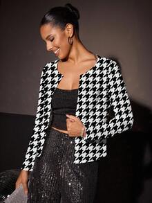 Glamance ORANGE STUDIO Houndstooth Print Casual Minimalist Women Jacket, Suitable For Office Wear In Autumn Houndstooth Jacket Cropped Blazer Crop Jacket Women Cropped Cardigan Checkered Jacket Chic Stylish Clothing Collection - Multicolor - View 1