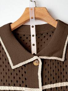 Linhara 大码女式拼色镂空条纹单排扣短袖休闲轻便开衫，春夏 - 彩色 - 查看 3