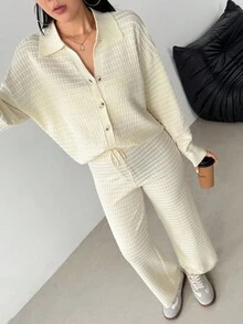 Modelyn 女士优雅时尚落肩长袖针织开衫和针织裤两件套 - 杏色 - 查看 5