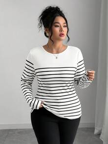 Elenzga Plus Size Striped Backless Bow Cutout T-Shirt, Spring/Summer Bow Clothes Women Long Sleeve Tops Stripe Top Bow Tops Bow Top Women