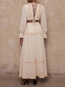 SHEIN Privé VITNOS Peach Pink Elegant Wedding Dress For Women, Lace V-Neck Long Sleeve Flared Gown,Autumn High-End Luxury Evening Party Prom Graduation - Apricot - View 3