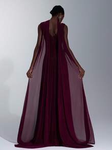 Elitara 优雅的勃艮第光泽网眼 V 领褶饰超喇叭 A 字裙（可拆卸悬挂雪纺荷叶边），适合约会、单身派对、婚礼、正式活动、伴娘礼服 - 酒紅色 - 查看 5