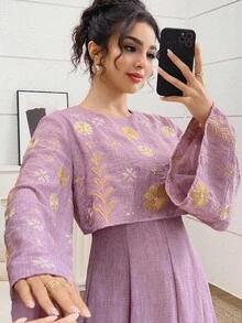 Yasmyna 女式刺绣喇叭袖阿拉伯风格连衣裙 - 紫色 - 查看 1