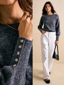 Poéselle 女士灰色针织套头毛衣，经典圆领，柔软舒适，时尚纽扣袖口，秋季保暖之选。灰色毛衣，针织套头衫，舒适秋季毛衣，纽扣袖口针织上衣，经典款，圆领毛衣，简约针织衫，2025秋季时尚，柔软针织上衣 - 灰色 - 查看 4