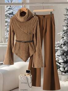 Franclia 2pcs Women Set With Belt Decor Buckle Flare Pants