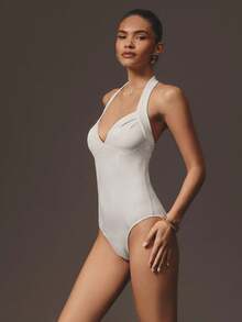 Hauture 商务办公室性感秋季柔软拉绒弹力甜心露背连体衣 - 杏色 - 查看 5