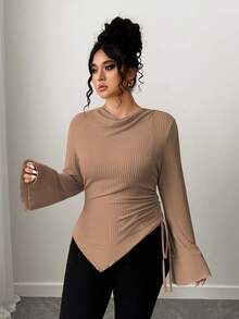 Elenzga Plus Size Women's Soft Brushed Apricot Long Sleeve T-Shirt, Asymmetrical Hem, Suitable For Commuting And Dating, Autumn/Winter - Khaki - View 5