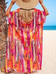 Swim Lushoire Summer Beach Brush Print Batwing Sleeve Open Front Kimono
