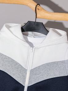SHEIN Tween 男童休闲拼色连帽拉链长袖卫衣，适合通勤、上学、日常休闲、旅行、运动、春夏秋冬，抓绒，加厚 - 藍色 - 查看 5