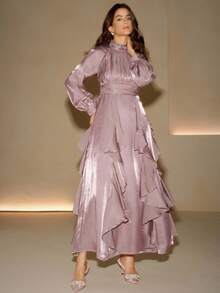 Anewsta 高品质时尚优雅标准尺码女士连衣裙，不对称荷叶边下摆长裙 - 粉色 - 查看 1