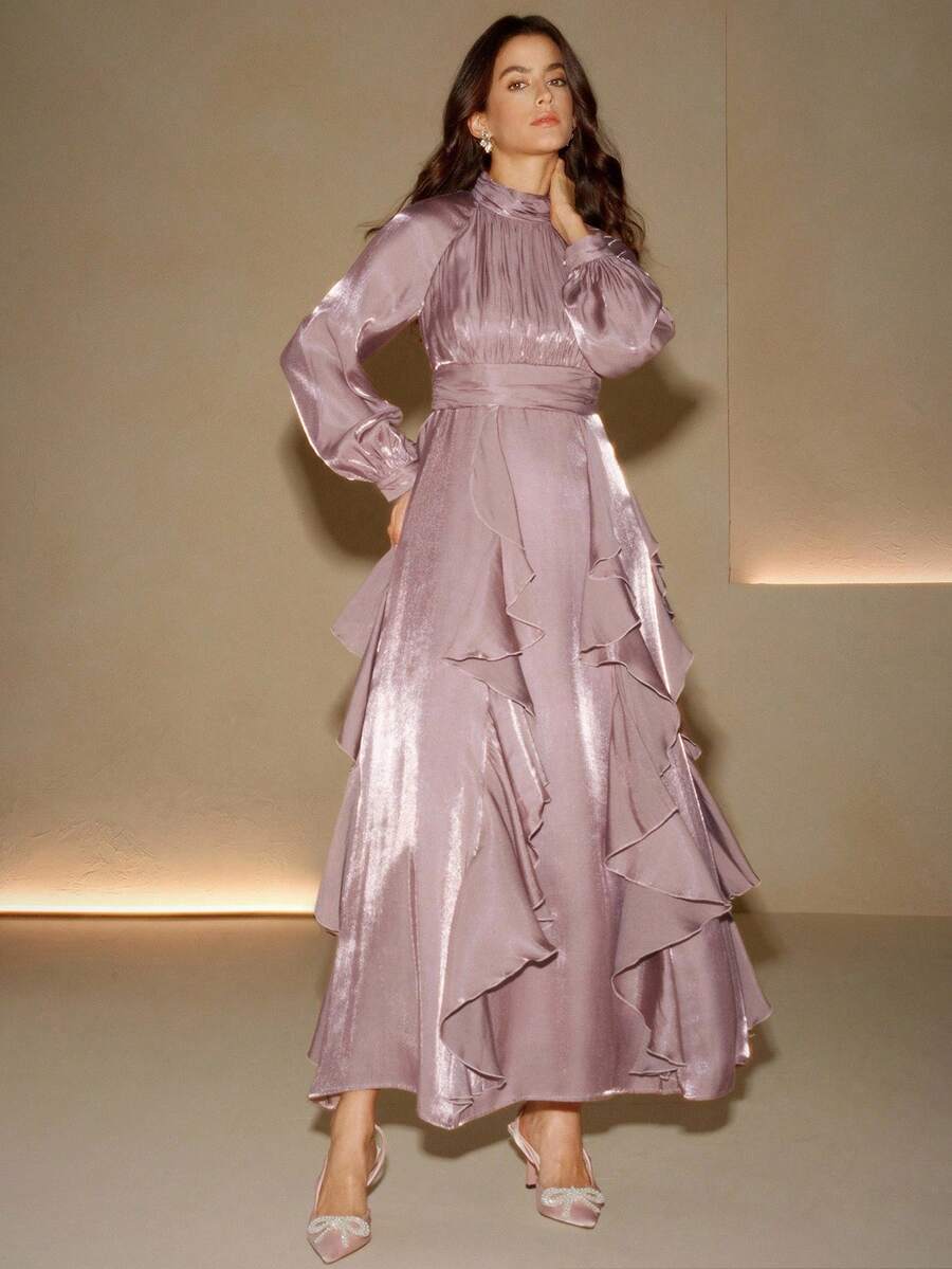 Anewsta 高品质时尚优雅标准尺码女士连衣裙，不对称荷叶边下摆长裙 - 粉色 - 查看 1