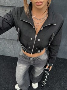 SHEIN ICON 秋冬女士黑色长袖时尚夹克 - 黑色 - 查看 3