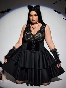 SHEIN CURVE+ Váy dự tiệc ngắn xòe ren ôm sát cổ chữ V cỡ lớn cho nữ, phong cách Gothic, phù hợp cho lễ Halloween Váy phù thủy Váy ren cỡ lớn Váy ma cà rồng/Mùa thu/Đông - màu đen - Xem 3