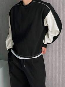 DAZY 男士撞色拼接保暖内衬套头衫，秋冬款 - 黑色 - 查看 5