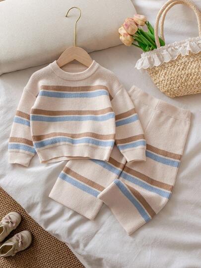 SHEIN Playful Pals 2pcs Baby Girls' Knitted Sweater Set, Colorblock Top + Wide Leg Pants, Suitable For Spring, Autumn, Winter, Casual Wear, Outdoor, Travel Fall
