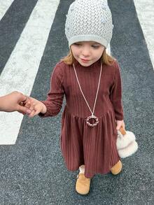 SHEIN Playful Pals Young Girl' Casual Versatile Ribbed Fabric High Neck Elastic Waist Flared Long Sleeve Dress, Autumn/Winter Fall - Brown - View 3