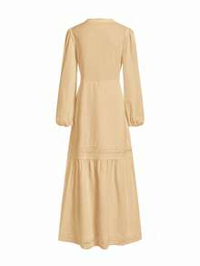 Ellevyn Women's Woven Jacquard Texture Spring Style Deep V-Neck Solid Color Ruffle Hem Lace Trim Summer Dress - Khaki - View 5