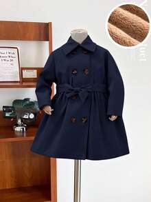 SHEIN Áo khoác blazer dáng dài vừa phải lót nhiệt màu trơn dễ thương cho bé gái, mùa thu/đông - Màu xanh hải quân - Xem 5